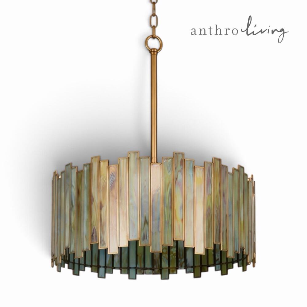NEW Anthropologie 4-Light Stained Glass Round Drum Light Fixture Boho Chandelier